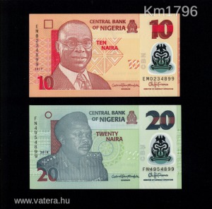 Nigéria 10 naira 2017 és 20 naira 2018 polimer bankjegy pár UNC - sorszámegyezés!