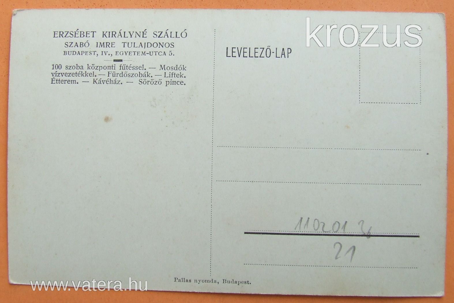 Budapest Erzsébet királyné szálloda képeslap 17082310/21