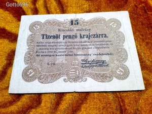 1849 -es 15 pengő krajcárra Kossuth Szabadságharcos bankó !!!!! Ritka !!!! (L01007)