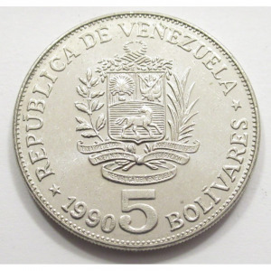 Venezuela, 5 bolivares 1990 aUNC+