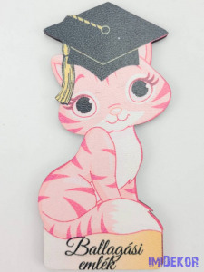 Rózsaszín cirmos cica ballagó kalapban tábla - Feliratos