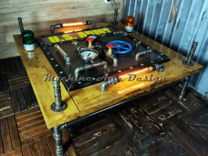military stílusú nagy méretű dohányzó asztal , hangulatvilágítással steampunk style , machine age de