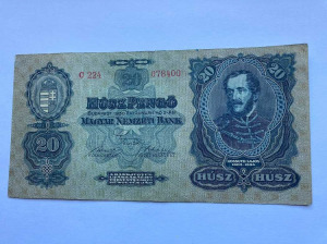 Antik magyar PENGŐ bankjegy numizmatikai gyűjteményből -  RITKA  20 Pengő 1930. Január 2.