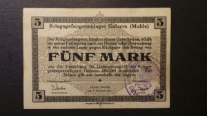 Német hadifogolytábor Golzern (Mulde) 5 Márka 1916 VF tábori bélyegzéssel (A1-12)
