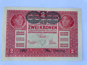 Antik magyar Korona bankjegy numizmatikai gyűjteményből - Felülbélyegzett  2 KORONA / 1917