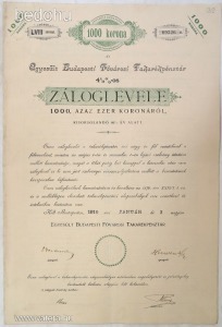 Kötvény Bp. Főv. Takarékpénztár 1000 K 4,5% 1919