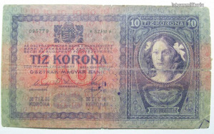 ,Tíz Korona (10 Korona) Papírpénz 1904 (1919-es felülbélyegzéssel).