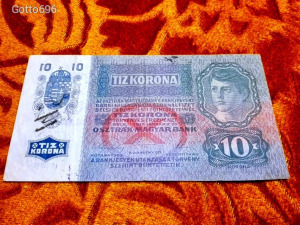 1915 -ös 10 korona -s Magyar kiadás Azonosítandó Felülbélyegzéssel,vízjeles bankó Ritkább!!! (L0845)