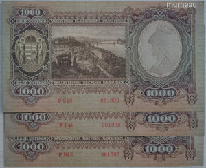 3 darab SORSZÁMKÖVETŐ hajtatlan ropogós 1000 Pengő bankjegy 1943