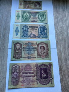 Antik magyar PENGŐ bankjegy sor numizmatikai gyűjteményből -  5 db-os Pengő sor / 1930-941