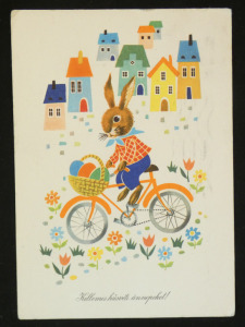 Nyuszi kerékpárral húsvéti képeslap Boór Vera grafikával