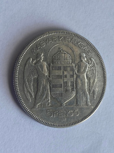 Horthy ezüst 5 Pengő -   1930-as ezüst pénzérme 5 Pengő