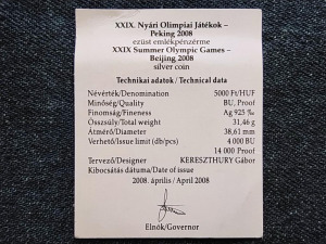 XXIX. Nyári Olimpiai Játékok - Peking .925 ezüst 5000 Forint 2008 tanúsítványa (id58806)