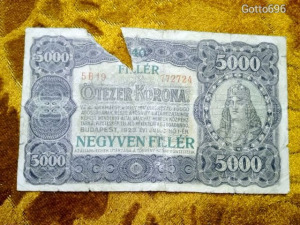 1923 -as 5.000 korona Kis Alakú bankó  40 fillér felülbélyegzéssel  RITKÁBB!!! (L0163)
