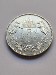 1907 KB Ferenc József ezüst 5 Korona magyar-típus SZÉP!