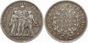 5 frank - Második Köztársaság - 1848.Párizs - Herkules-típus, szép patinás ezüst, 24.79g!