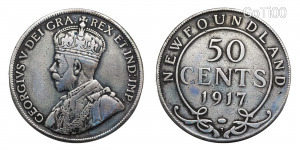 Ezüst pénz érme Új-Fundland Kanada V. György 50 cent 1917 Ag925% 11.78g 29.85 mm VF-gVF!