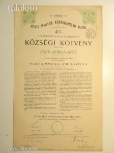 1910.   Pesti Magyar Kereskedelmi Bank-Községi kötvény 1000 koronáról (549)
