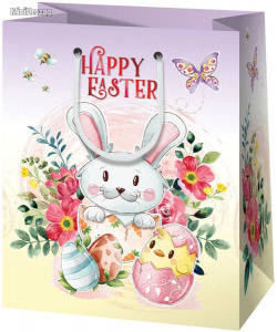 Húsvéti ajándéktáska 23x18x10cm, közepes, nyuszi és csibe tojásban, Happy Easter