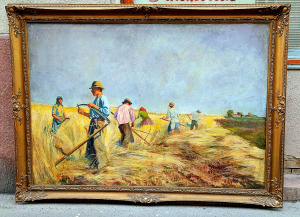 1931 (Nagygalambfalvi) Feleky György (1893-) Aratók életkép festmény óriási méretben 165x222 cm