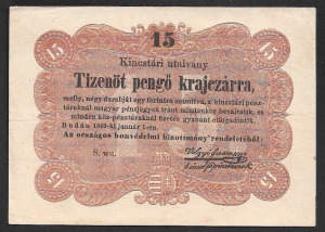 Kossuth 15 pengő krajcár 1849 VF  1 ft-ról