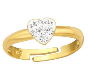 24k aranyozott szíves fehér kristály gyerek ezüst gyűrű, állítható