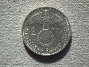 Németország, horogkeresztes ezüst birodalmi 2 Márka (Reichsmark), 1939 E, RITKA!