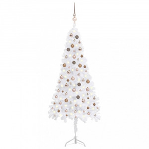fehér PVC sarok műkarácsonyfa LED-ekkel és gömbszettel 210 cm