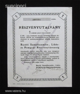 Baróti Szeszfinomító Likőr Rumgyár részvényutalvány 200 korona 1924