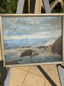 Regi olaj festmény :sziklas tengerpart