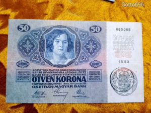 1914 -es ropogós 50 korona -s bankó Román felülbélyegzéssel (L0147)